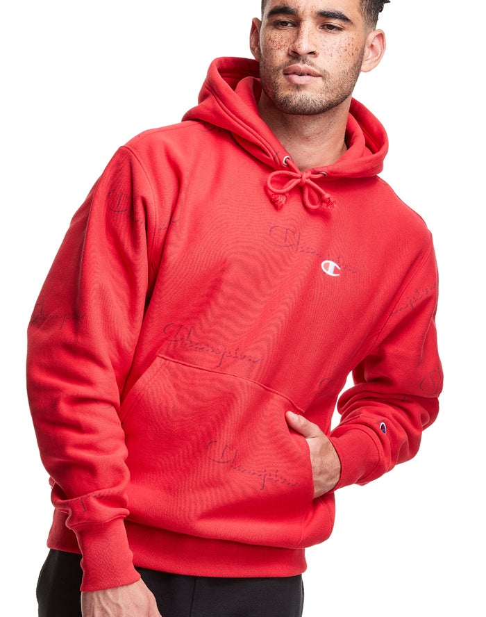 Champion Mens Hoodie NZ - Reverse Weave All Over Print Red ( 0783-BHJFW )